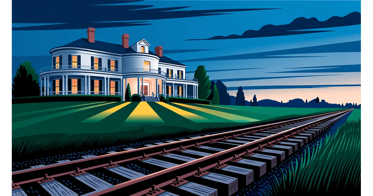 Grand white federal mansion on a green rise at dusk with railroad tracks running through the foreground of the estate