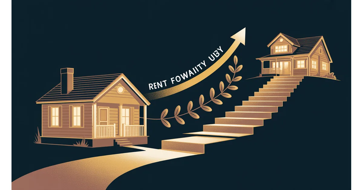 Abstract geometric illustration of a small multifamily building splitting into two paths with an upward arrow, in warm muted tones, no text.