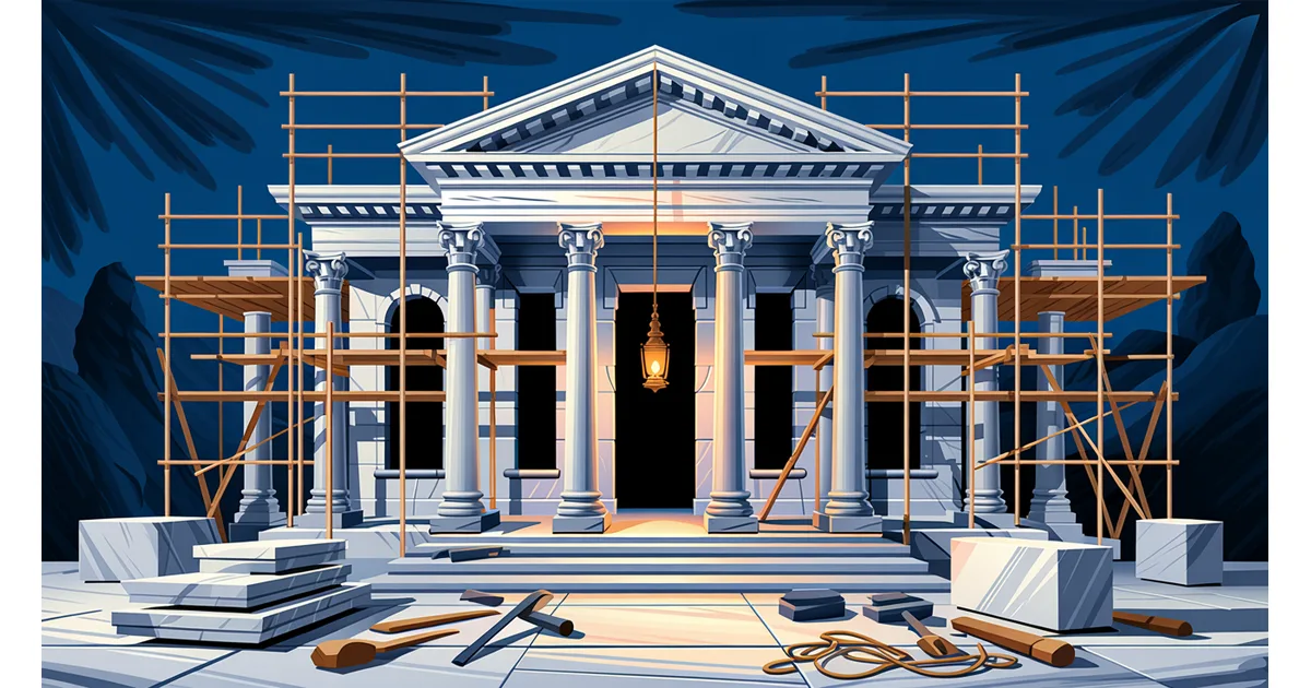 Unfinished neoclassical marble mansion wrapped in wooden scaffolding under an evening sky