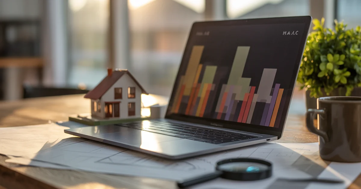 House being scanned by digital analysis beam with website mockup and green checkmarks