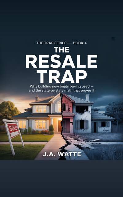 The Resale Trap book cover by J.A. Watte — split image showing a pristine home next to a deteriorating one