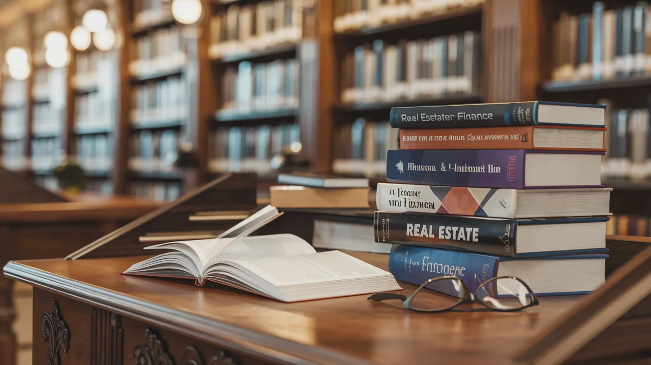 Stack of real estate books on a wooden reading desk with glasses