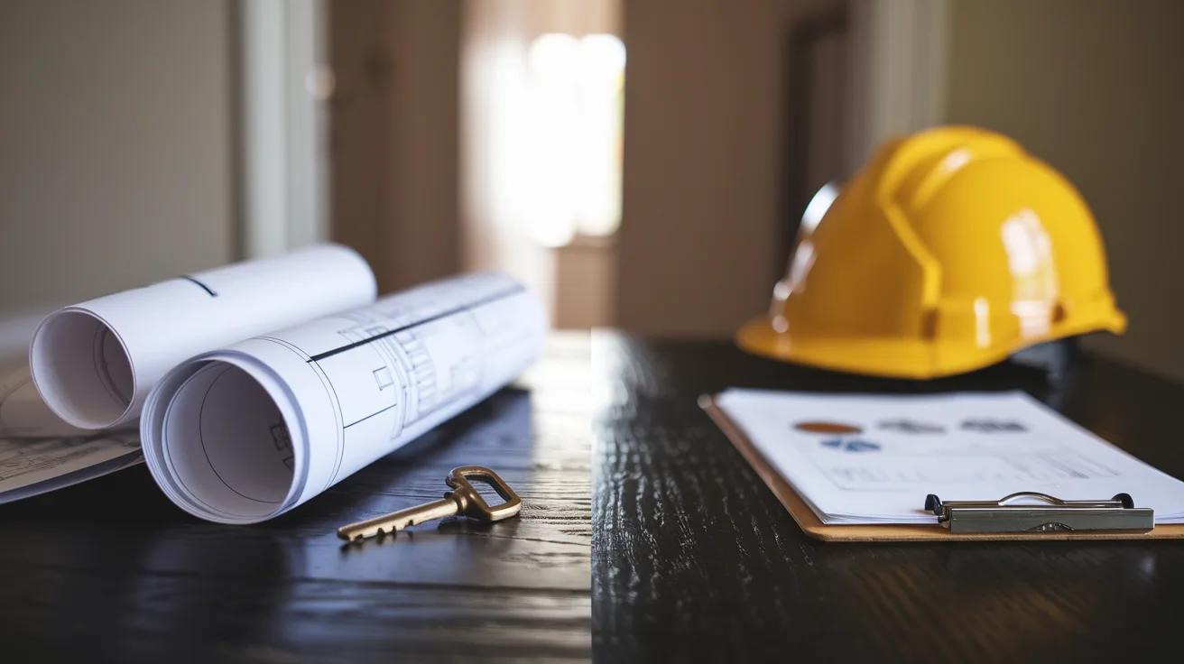 Blueprints and hard hat next to house keys and inspection clipboard
