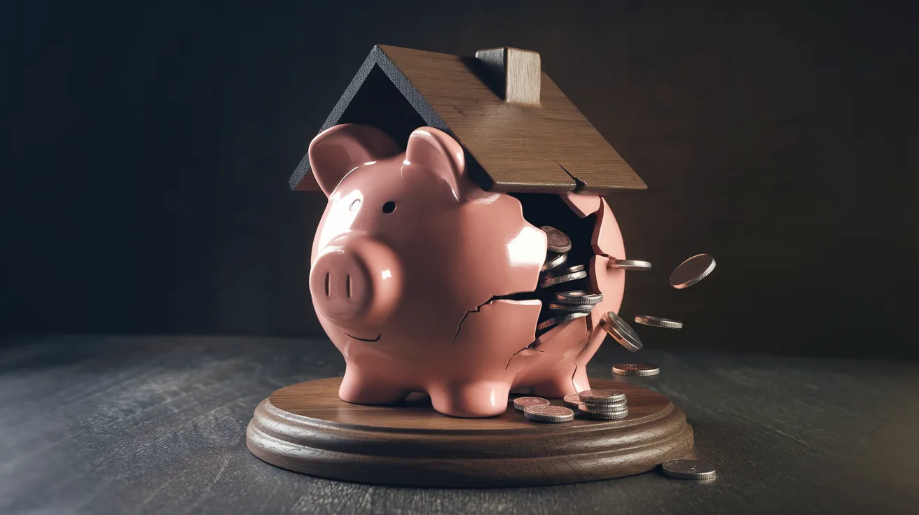 House-shaped piggy bank with coins falling through cracks