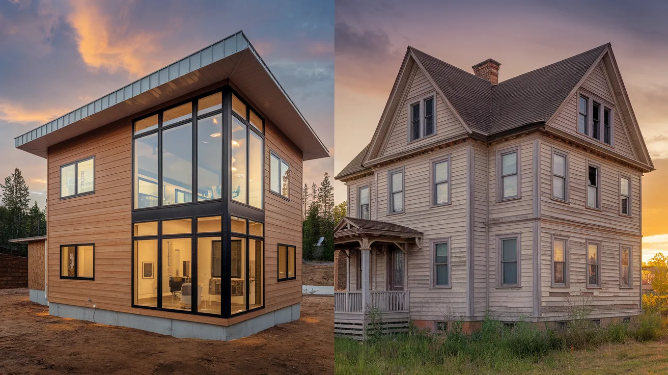 Split view of new modern home versus weathered older home at golden hour